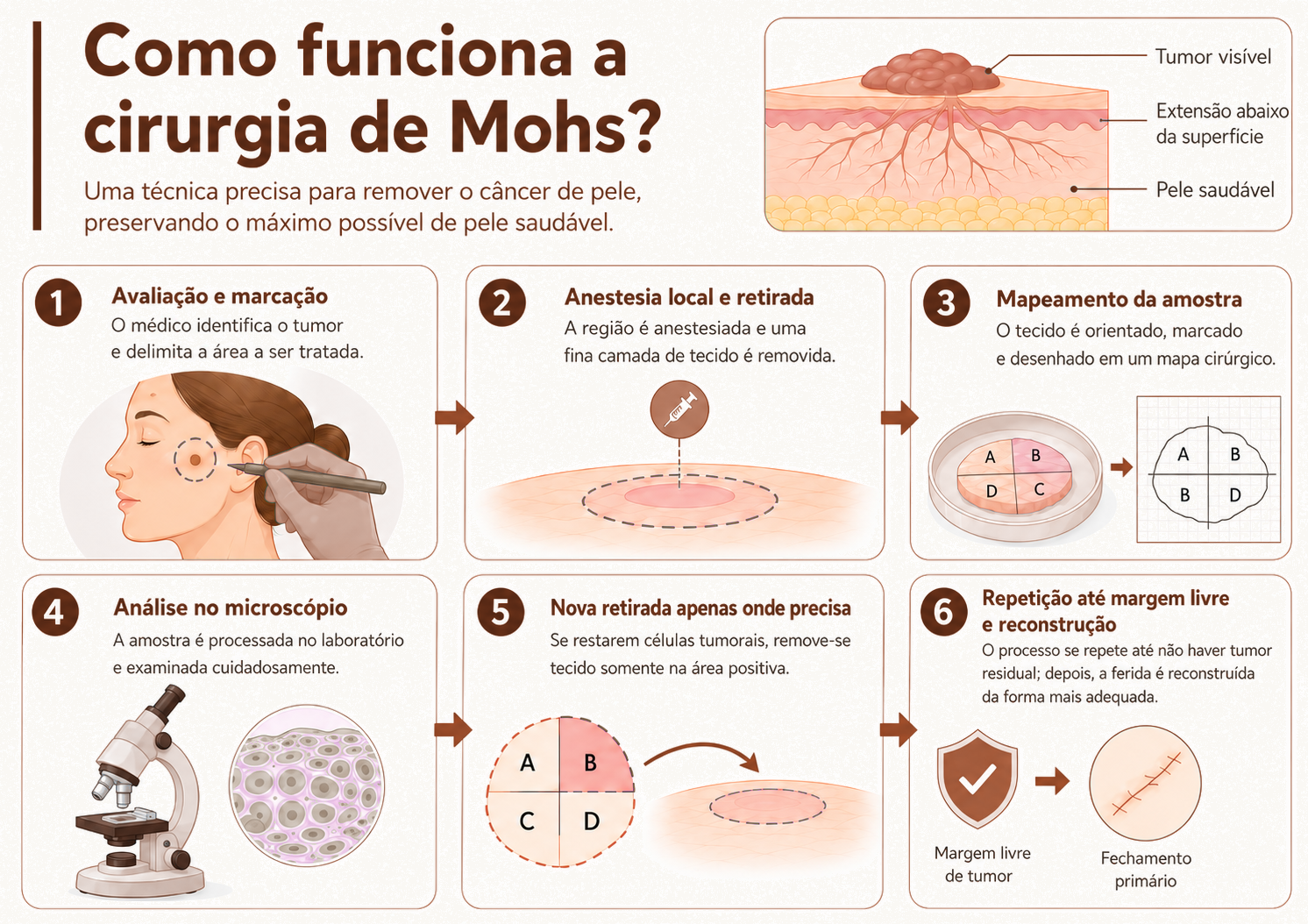 Infográfico: como funciona a cirurgia de Mohs em 6 etapas — avaliação e marcação, anestesia local e retirada, mapeamento da amostra, análise no microscópio, nova retirada apenas onde precisa, e repetição até margem livre com reconstrução