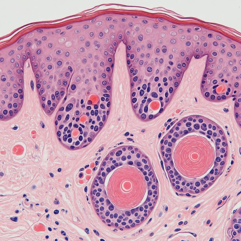 Células de carcinoma de células escamosas vistas ao microscópio.