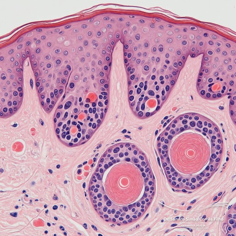 Células de carcinoma de células escamosas vistas ao microscópio.