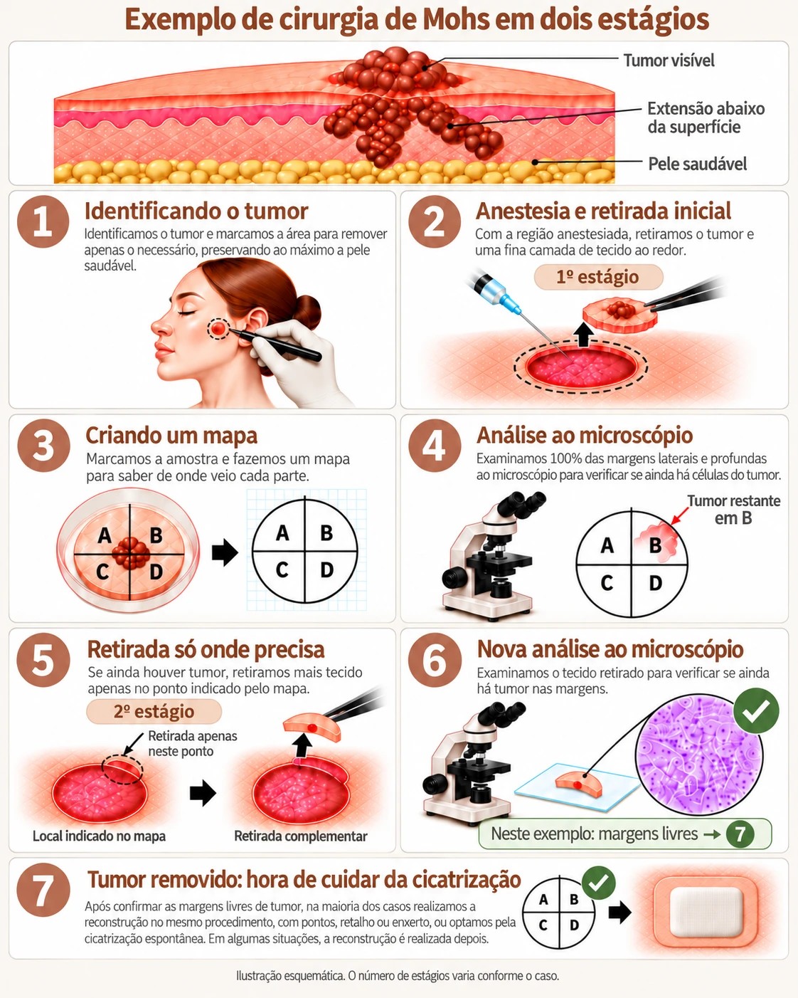 Infográfico: exemplo de Cirurgia de Mohs em dois estágios: identificação do tumor, anestesia e retirada inicial, mapa da amostra, análise de 100% das margens ao microscópio, nova retirada apenas no ponto com tumor, nova análise com margens livres e fechamento da ferida
